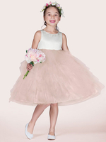 Robe Cortège Enfant Pas Chère en Mousselines à Col Rond avec Bretelles Coupe Cintrée Bas Evasée Volants Robe de Princesse Cousu Bicolores