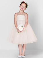 Robe Cortège Enfant Pas Chère en Mousselines à Col Rond avec Bretelles Coupe Cintrée Bas Evasée Volants Robe de Princesse Cousu Bicolores