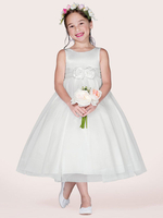 Robe Cortège Enfant Pas Chère en Mousselines à Col Rond avec Bretelles Coupe Cintrée Décors avec Fleur Bas Evasée Robe de Princesse Unicolore