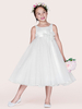 Robe Cortège Enfant Pas Chère en Mousselines à Col Rond avec Bretelles Coupe Cintrée Décors avec Fleur Bas Evasée Robe de Princesse Unicolore