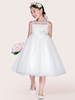 Robe Cortège Enfant Pas Chère en Mousselines à Col Rond avec Bretelles Coupe Cintrée Décors avec Fleur Bas Evasée Transparentes Robe de Princesse Unicolore
