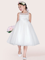 Robe Cortège Enfant Pas Chère en Mousselines à Col Rond avec Bretelles Coupe Cintrée Décors avec Fleur Bas Evasée Transparentes Robe de Princesse Unicolore