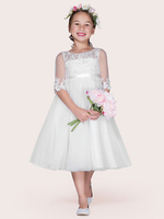 Robe Cortège Enfant Pas Chère en Mousselines à Col Rond avec Manches Mi-longues Coupe Cintrée Bas Evasée Robe de Princesse Unicolore