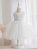 Robe Cortège Enfant Pas Chère en Mousselines Creusante à Col Rond avec Manches Courtes Coupe Cintrée Bas Evasée Volantes Robe de Princesse Unicolore