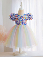 Robe Cortège Enfant Pas Chère en Mousselines Imprimés à Col Rond Décors avec Fleurs avec Manches Courtes Coupe Cintrée Bas Evasée Volantes Robe de Princesse Un Dégradé Bicolores