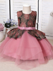 Robe Cortège Enfant Pas Chère en Mousselines Imprimés à Col Rond sans Manches Coupe Cintrée Décors avec Noeud Bas Evasée Robe de Princesse Bicolores