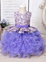 Robe Cortège Enfant Pas Chère en Mousselines Imprimés à Col Rond sans Manches Coupe Cintrée Décors avec Noeud Bas Evasée Volantes Robe de Princesse Bicolores