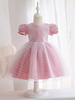 Robe Cortège Enfant Pas Chère en Mousselines Imprimés les Pois à Col Rond avec Manches Courtes Coupe Cintrée Bas Evasée Volantes Robe de Princesse Bicolores