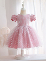 Robe Cortège Enfant Pas Chère en Mousselines Imprimés les Pois à Col Rond avec Manches Courtes Coupe Cintrée Bas Evasée Volantes Robe de Princesse Bicolores