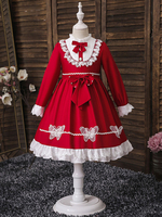 Robe Cortège Enfant Pas Chère Imprimés à Col Rond avec Manches Longues Coupe Cintrée avec Noeud Bas Evasée Robe de Princesse Cousu Bicolores