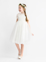 Robe cortège enfant Robe baptême fille col rond manche courte dos en forme de coeur