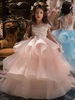 Robe cortège enfant robe princesse rose en tulle col rond en dentelle structurée Robe fille de fleur