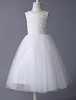 Robe cortège enfrant ivoire en tulle col rond en dentelle jupe à plis longueur cheville Robe fille de fleur