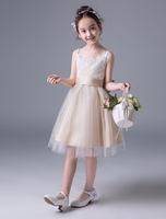 Robe Cortège Fille 2021 Dentelle Robe Tutu Princess Robe Noeud Sans Manches Eté Robe de Soirée Enfants