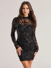Robe courte à paillettes en noir à manches longues et col montant pour fête danniversaire robe moulante transparente pour femme 2025
