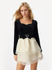 Robe courte contrastée avec nœud papillon manches longues col carré robe de fête danniversaire superposée 2025