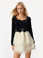 Robe courte contrastée avec nœud papillon manches longues col carré robe de fête danniversaire superposée 2025