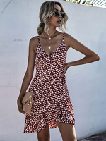 Robe courte dété en polyester sans manches à imprimé floral bordeaux