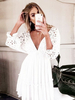 Robe Courte en Dentelle Creusante à Col Décolleté en V avec Manches Mi-longues Amples Coupe Cintrée Bas Evasée avec Dos Nu à Lacets Unicolore Robe de Patineuse