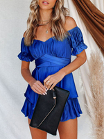 Robe Courte Eté en Satin Femme avec Manches Courtes à Col V Coupe Cintrée Bas Evasée Unicolore