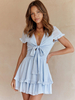 Robe Courte Eté Femme avec Manches Courtes Volantes à Col Décolleté à Lacets