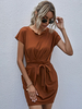 Robe Courte Femme à Col Rond avec Manches Courtes Coupe Cintrée à Lacets Unicolore Robe Eté