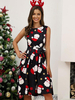 Robe Courte Femme à Col Rond Sans Manches Coupe Cintrée à Lacets Bas Evasée Imprimé les Motifs NOEL Unicolore Robe Femme