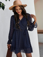 Robe Courte Femme à Col V avec Les Manches Longues Amples Courte Coupe Cintrée à Lacets Bas Evasée Robe Femme