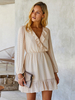 Robe Courte Femme à Col V Volants avec Les Manches Longues Amples Courte Coupe Cintrée Elastique Bas Evasée Robe Femme