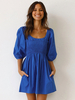 Robe Courte Femme avec Manches Mi-longues Amples Coupe Cintrée avec Poches Bas Evasée Unicolore