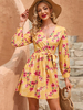 Robe Courte Femme Imprimé à Col V avec Manches Longues Amples Coupe Cintrée à Lacets Bas Evasée