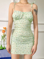 Robe Courte Femme Imprimé avec Bretelles à Lacets à Col Carré Coupe Cintrée en Plis Bicolores Robe Eté