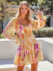 Robe Courte Femme Imprimé avec Manches Longues Amples Coupe Cintrée Bas Evasée