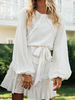 Robe Courte Femmes Dentelles à Col Rond avec Manches Longues Amples Coupe Cintrée à Lacets Bas Evasée Robe Courte Femmes