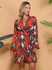 Robe Courte Femmes Imprimé Animal Bicolores avec Manches Longues Volante à Col V Coupe Cintrée Bas Evasée