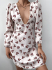 Robe Courte Imprimé en Satin à Col Décolleté en V avec Manches Longues Bicolores