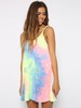 Robe Courte Imprimé Femme avec Bretelles à Col Rond Bas Evasée Multicolores Robe Eté Sexy