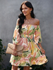 Robe Courte Imprimé Femme avec Manches Courtes avec Epaule Dénudée Coupe Cintrée Bas Evasée