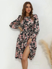 Robe Courte Imprimé Fleurie à Col Rond avec Manches Longues Amples Coupe Cintrée Bas Evasée Robe Femme