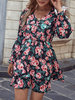 Robe Courte Imprimé Fleurie à Col V avec Manches Longues Amples Coupe Cintrée Bas Evasée