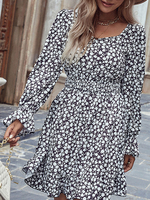 Robe Courte Imprimé Fleurie Femme à Col Rond avec Manches Longues Amples Coupe Cintrée Bicolores