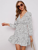 Robe Courte Imprimé Pois à Col V avec Manches Longues Coupe Cintrée Bas Evasée Bicolores