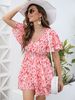 Robe Courte Imprimés à Col V avec Manches Courtes Volantes Coupe Cintrée Bas Evasée Robe Eté