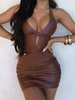Robe Courte Sexy Moulante avec Bretelles à Col Décolleté en V Coupe Cintrée Unicolore Robe Sexy
