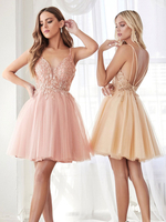 Robe cérémonie robe de bal rose en tulle brillante à bretelles bustier en dentelle longueur au dessus de genou