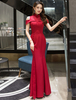 Robe cérémonie sirène rouge en polyester longueur cheville