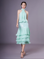 Robe dinvité de mariage Vert menthe A Ligne Halter Robe sans manches en mousseline à volants Milanoo