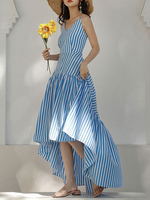 Robe dété à bretelles bleues au cou sans manches en polyester Robe longue de plage