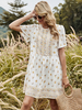 Robe dété à col bijou motif imprimé plissé extensible blanc longueur genou robe de plage