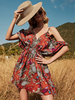 Robe dété à col en V à imprimé floral avec cordon de serrage Robe de plage courte bordeaux asymétrique